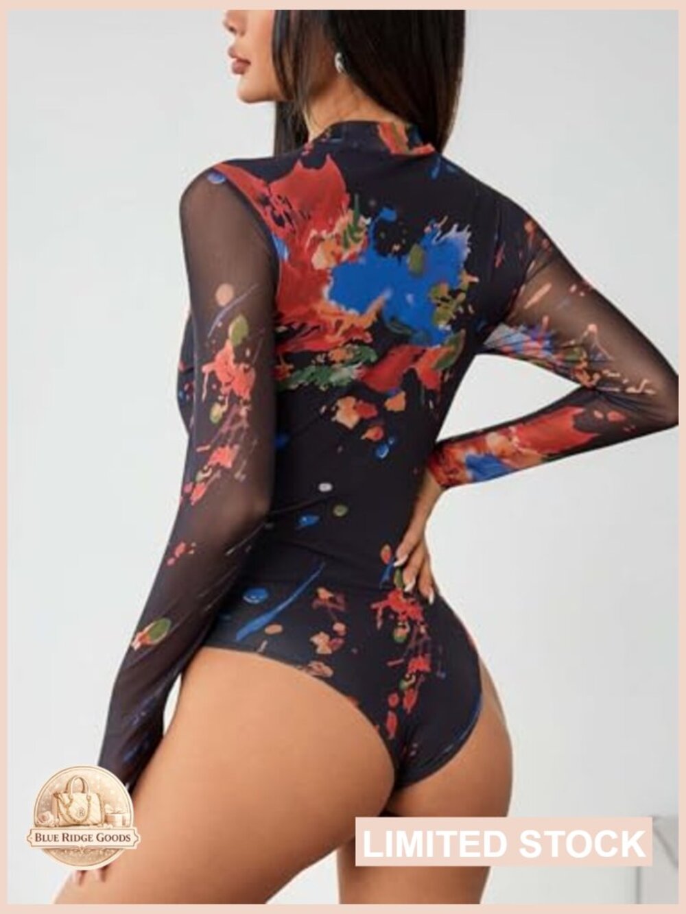 Women's Mesh Long Sleeve Bodysuit Mock Neck Printed Snap Crotch One Piece - Picture 3 of 5